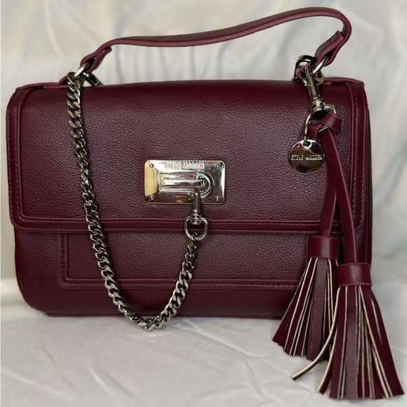 Steve Madden Handbags - Steve Madden Burgundy Leather Crossbody Satchel Bag with Tassel & Chain Detail